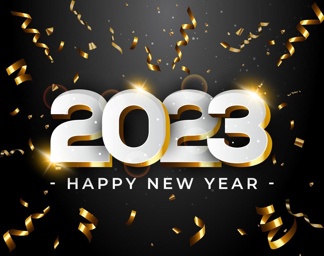 mejor feliz año nuevo 2023. número de lujo blanco arriba-abajo con cintas doradas, fondo nocturno colorido fondo oscuro, plantilla de tarjeta de diseño de texto creativo digital premium feliz año nuevo 2023. vector