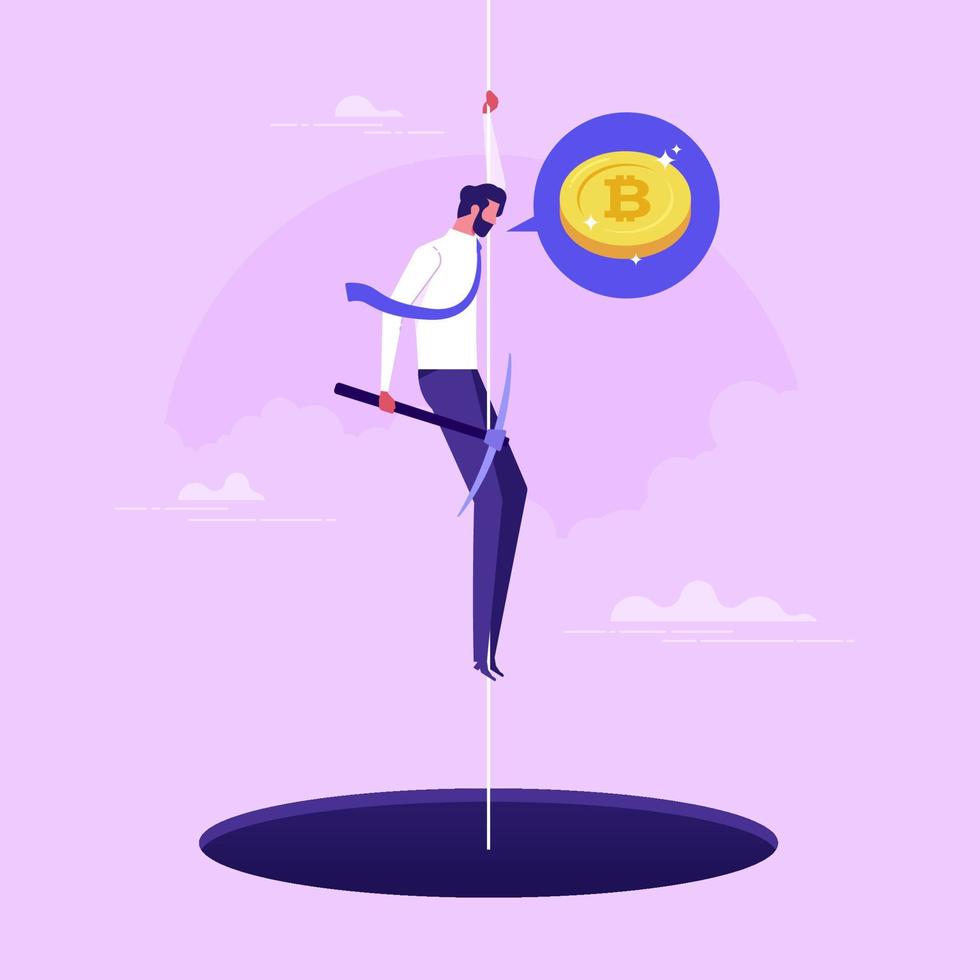 Business concept illustration. Businessman mining to find bitcoins and earning cryptocurrency. Flat style vector illustration