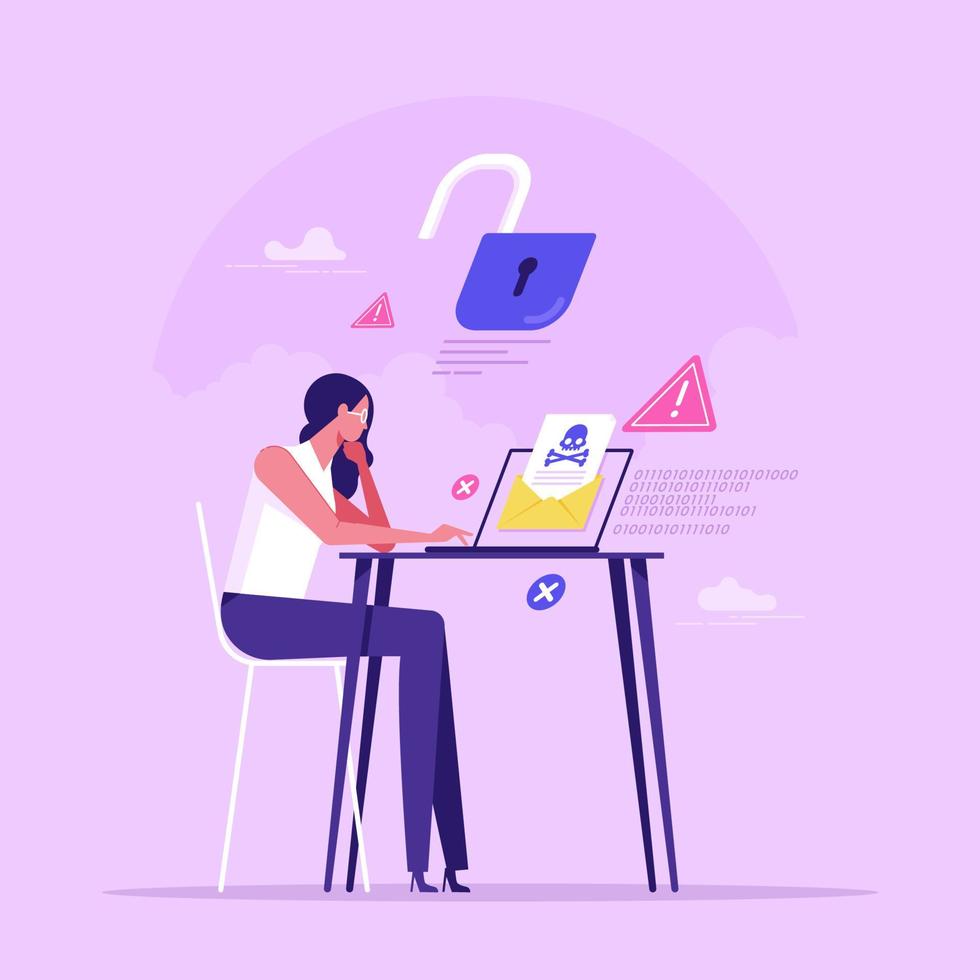 Envelope with skull and computer virus, Hacker attack with spam and scam alert, vector illustration