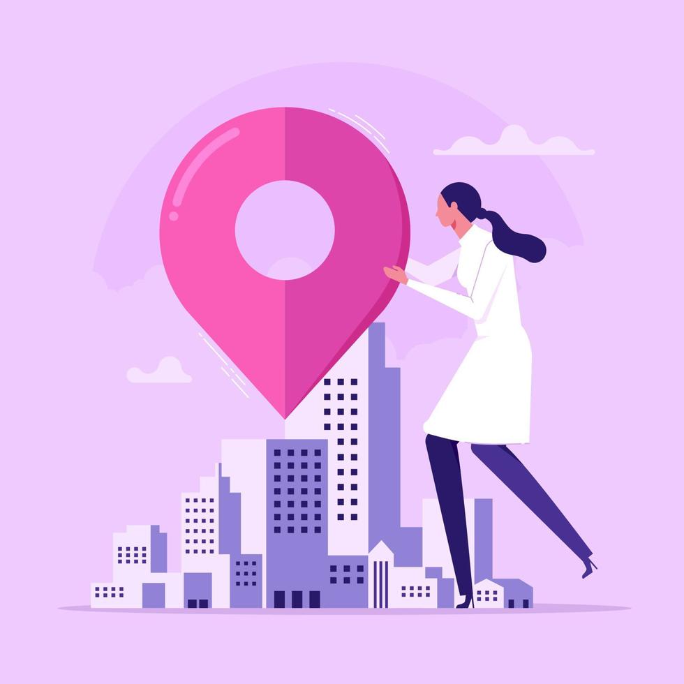 establecimiento de la empresa, el espíritu empresarial comienza un nuevo negocio, crea un pin corporativo en el concepto de mapa del motor de búsqueda, mujer sosteniendo un pin de mapa en la construcción vector