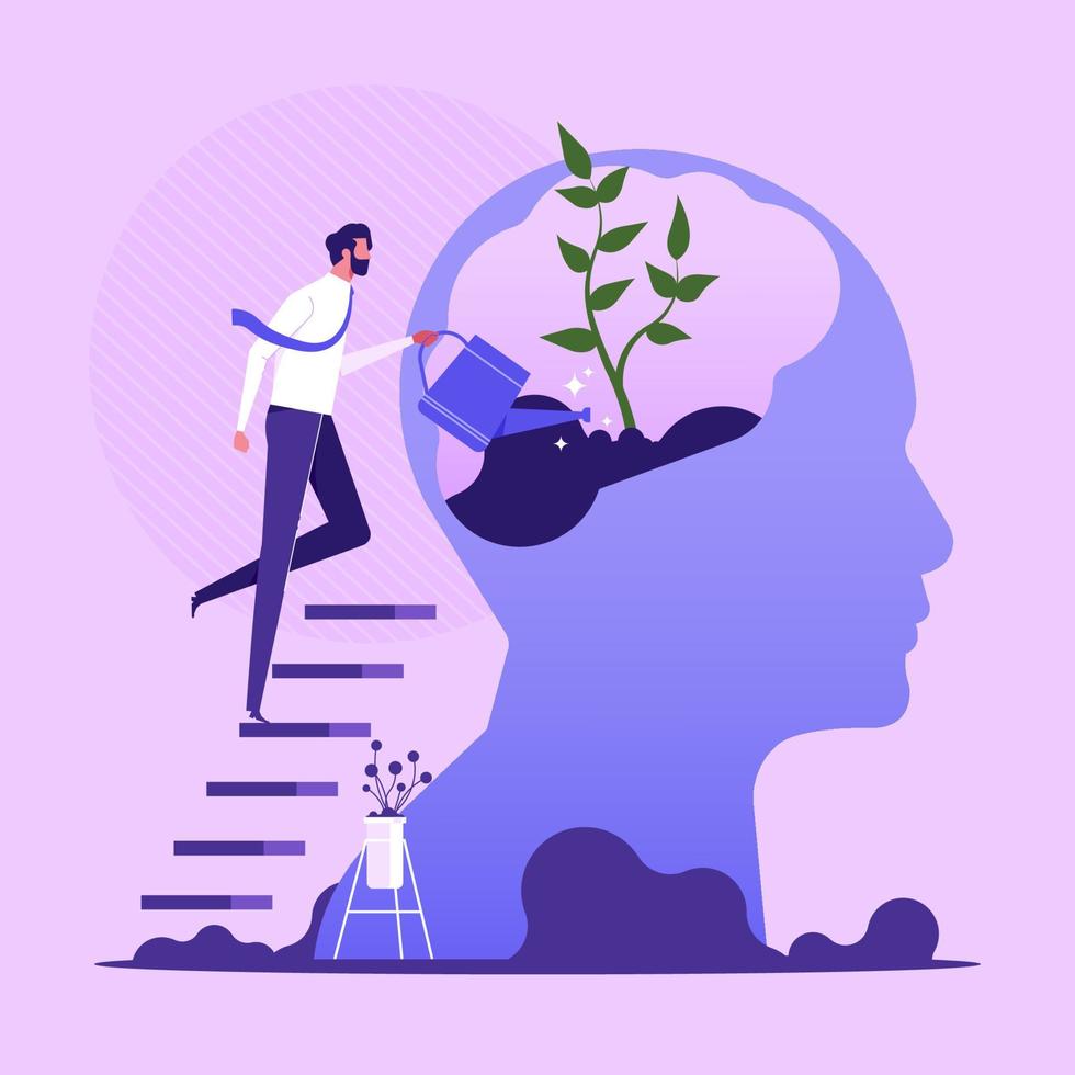 crecimiento personal. concepto de superación personal y desarrollo personal. hombre regando esa planta en crecimiento del cerebro como personalidad de crecimiento de metáfora, ilustración de vector plano