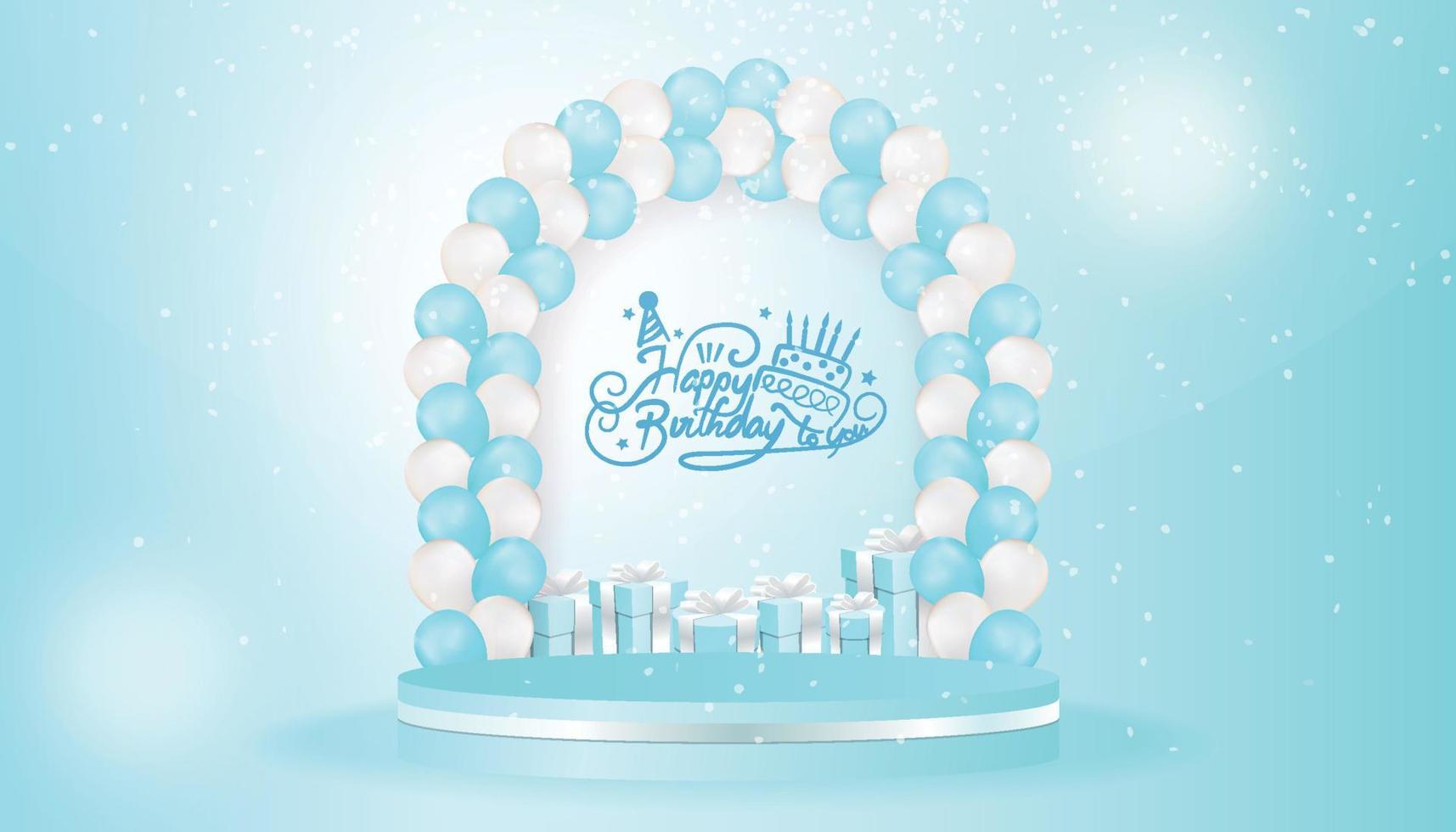 Card in blue and white balloons with balloon arches, love balloons, gift boxes vector