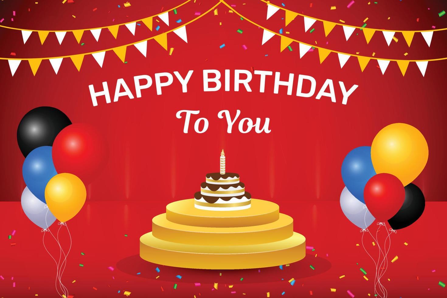Happy birthday red background with confetti and flags. vector