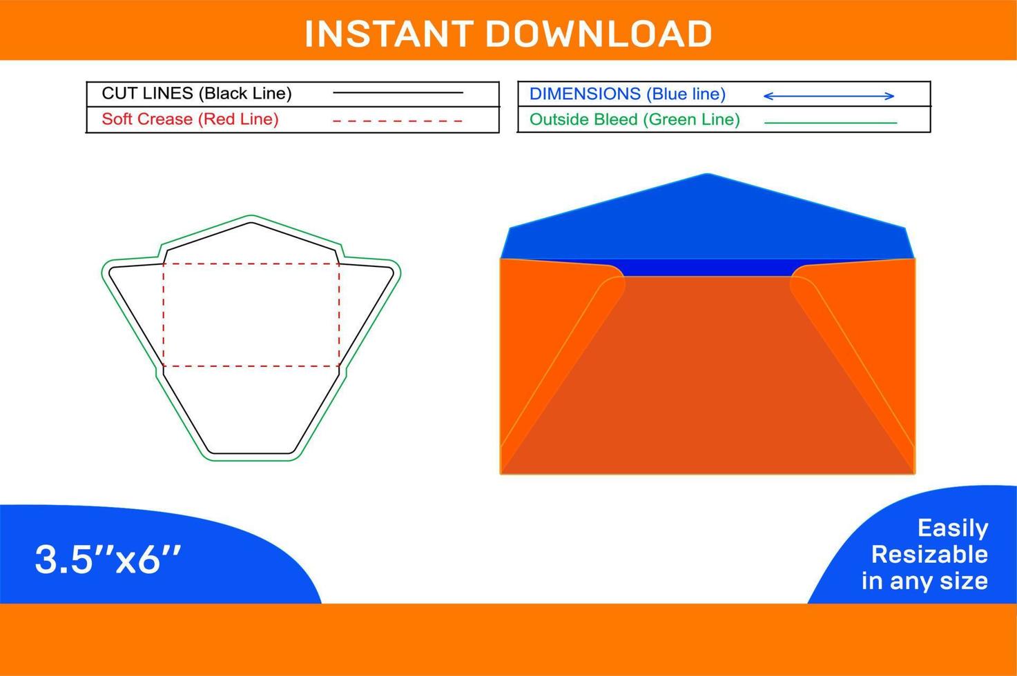 Regular Envelope dieline template ,3D envelope and Editable easily resizable Box dieline and 3D box vector