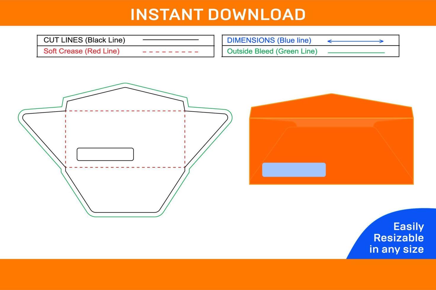 Window envelope dieline template, packaging design and 3D envelope Box dieline and 3D box vector