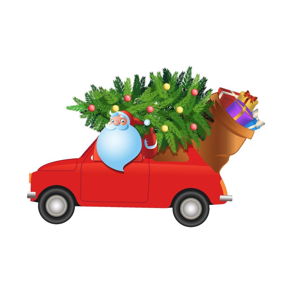 Clipart of cartoon version of santa claus and xmas red car vector