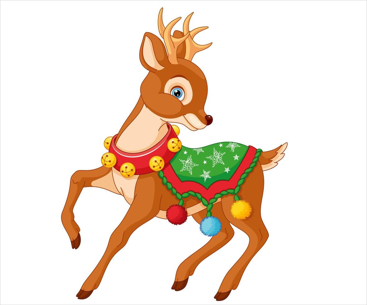 Cartoon vector illustrations of Deer and decorated Christmas tree with presents. Winter holidays design elements isolated on white. Funny and cute retro character. For new year cards, banners