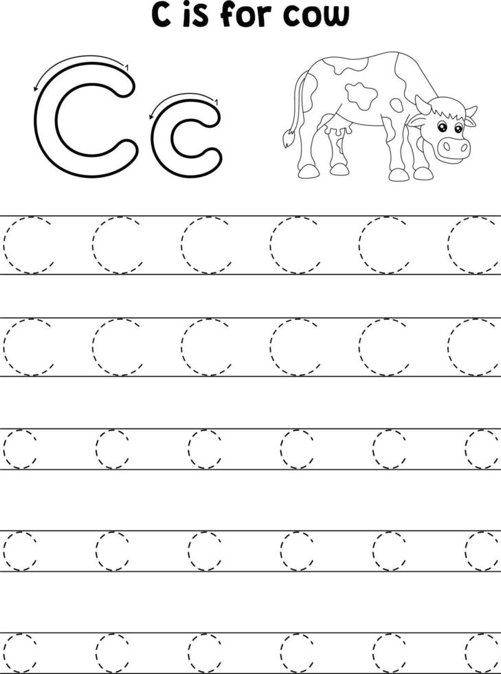 Cow Animal Tracing Letter ABC Coloring Page C vector