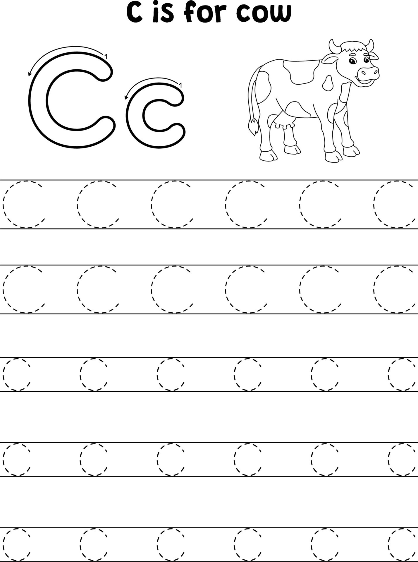 Cow Animal Tracing Letter ABC Coloring Page C 14527145 Vector Art at
