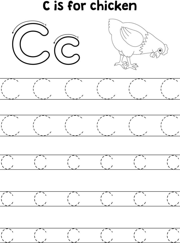 Chicken Animal Tracing Letter ABC Coloring Page C vector