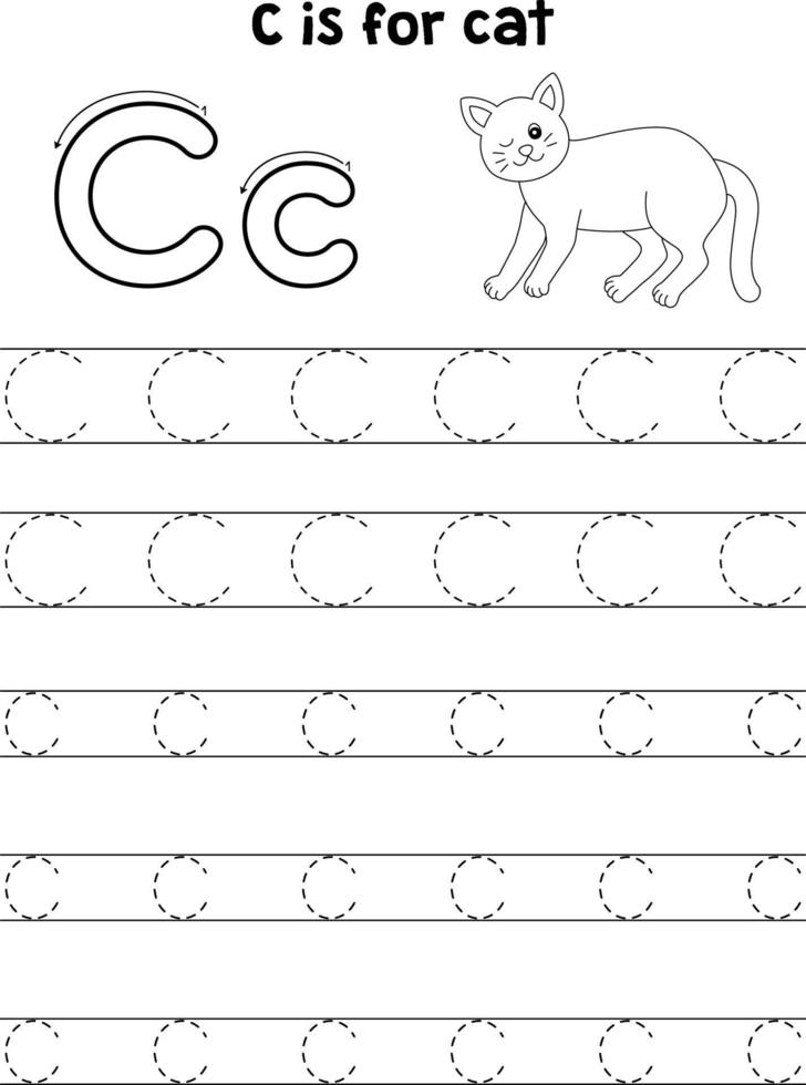 Cat Animal Tracing Letter ABC Coloring Page C vector