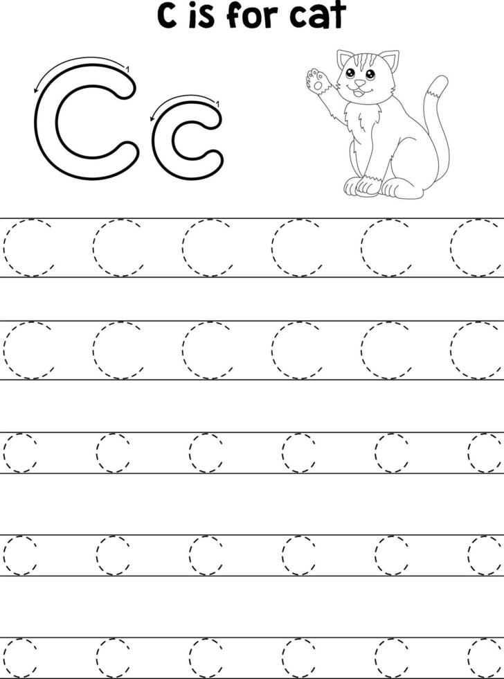 Cat Animal Tracing Letter ABC Coloring Page C vector