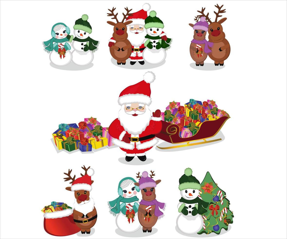 Cartoon vector illustrations of Santa Claus and all friend Christmas tree. Winter holidays design elements isolated on white. Funny and cute retro character. For new year cards, banners