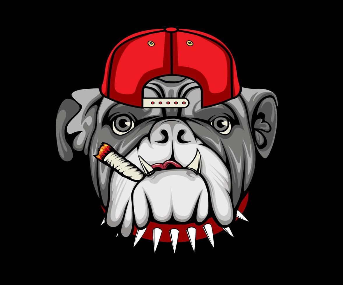 Vector Illustrated Bulldog smoke. face of domestic dog on black background.