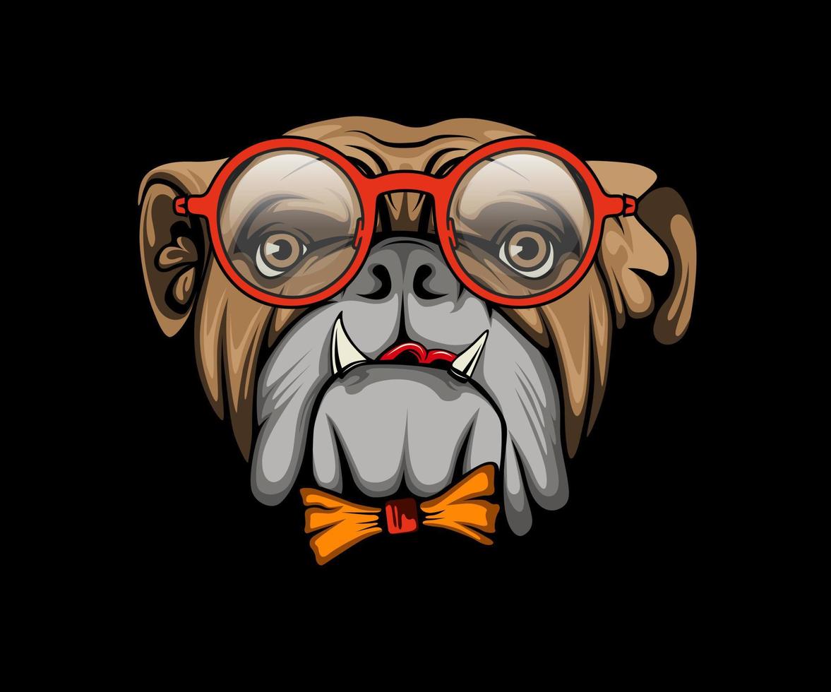 Vector Illustrated Bulldog. dog wearing glasses . face of domestic dog on black background.
