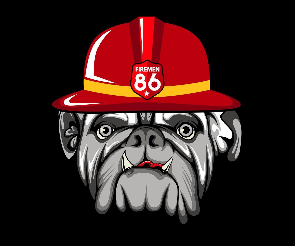 bulldog ilustrado vectorial. el perro lleva un sombrero de bombero. cara de perro doméstico sobre fondo negro. vector