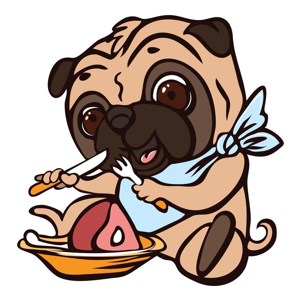 Pug eat meat icon, cartoon style vector