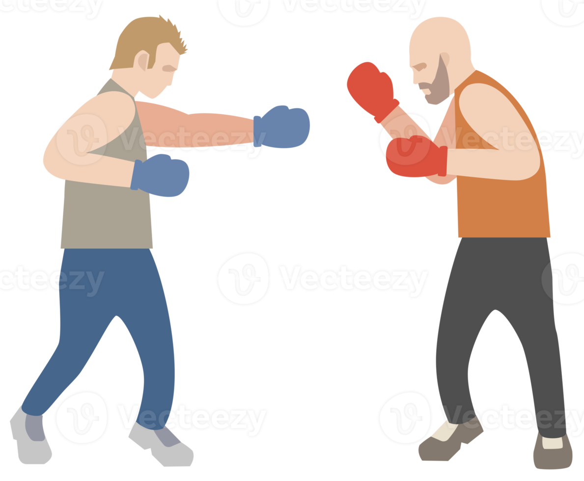 Two male boxers fighting against each other. Box fighters on left and right corners flat style illustration. PNG with transparent background.