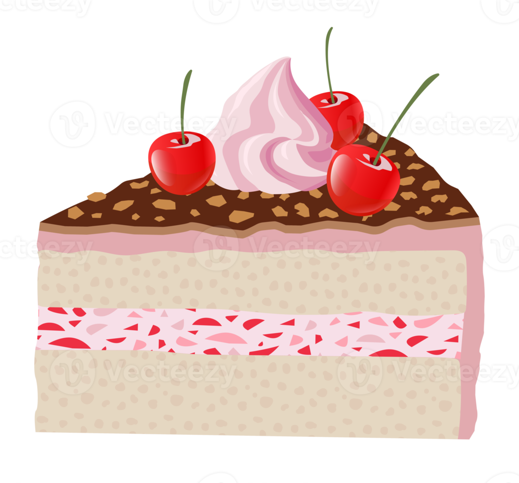 Chocolate cake with cream and berry. Piece of cake illustration. PNG with transparent background