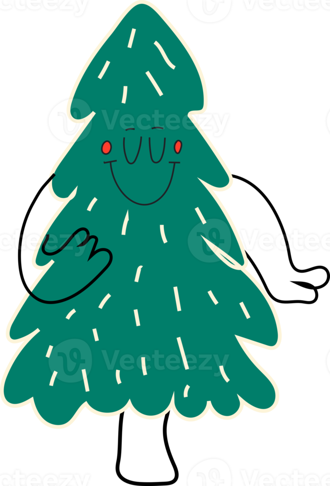 green of Christmas tree with face emotions, hands and legs. Hand drawn trendy for kids. Cute funny characters. png