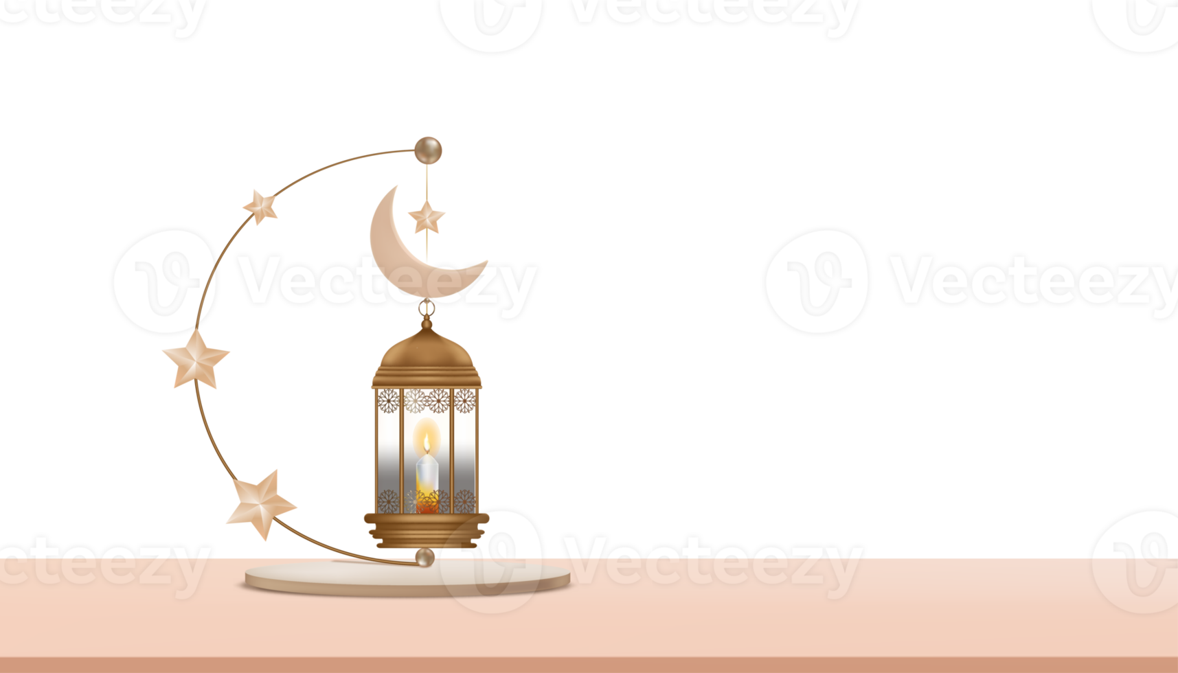 pódio islâmico com lanterna 3d tradicional com lua crescente, estrela pendurada, cenário de ilustração da religião do símbolo muçulmano, eid ul fitr, ramadan kareem, eid al adha, eid mubarak png