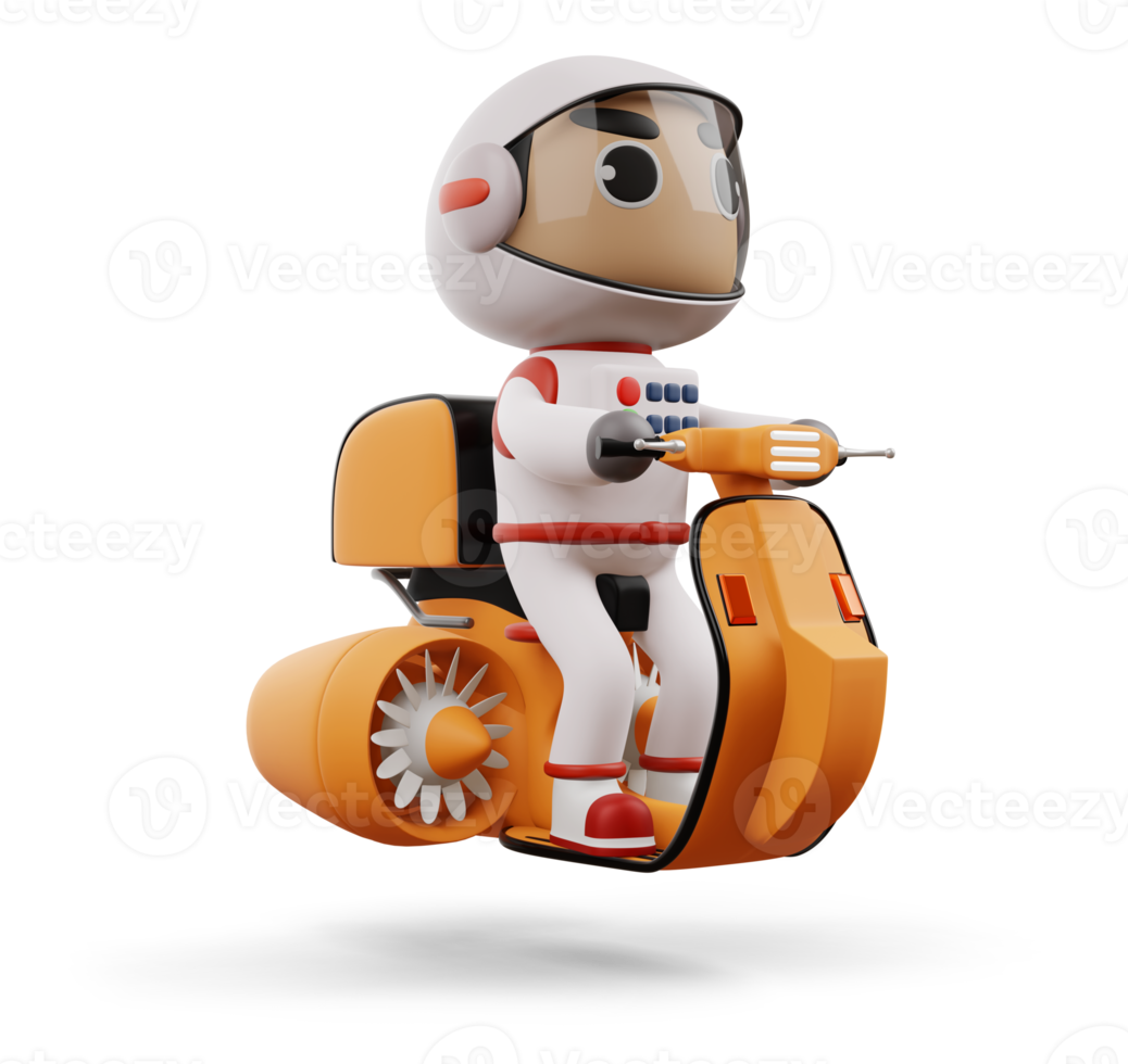 astronauta de entrega andando de moto voadora com caixa de entrega, renderização em 3d png