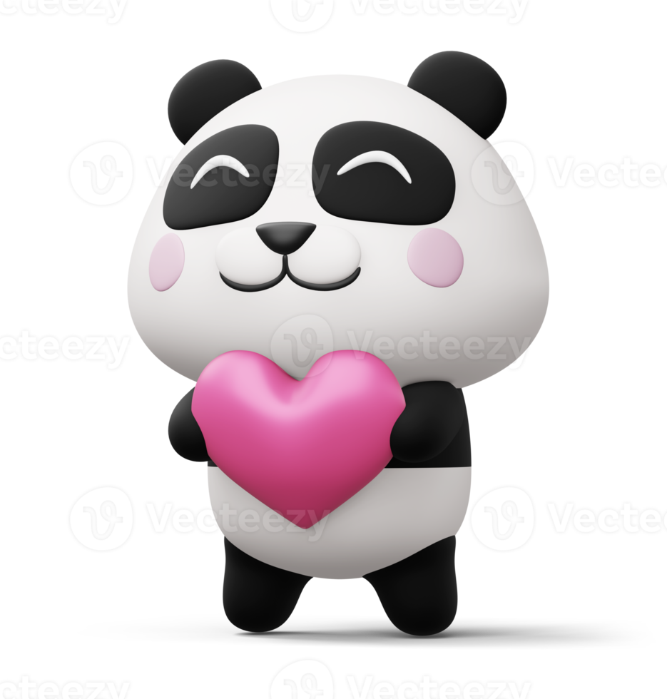 Cute panda with heart, cute animal, 3d rendering png