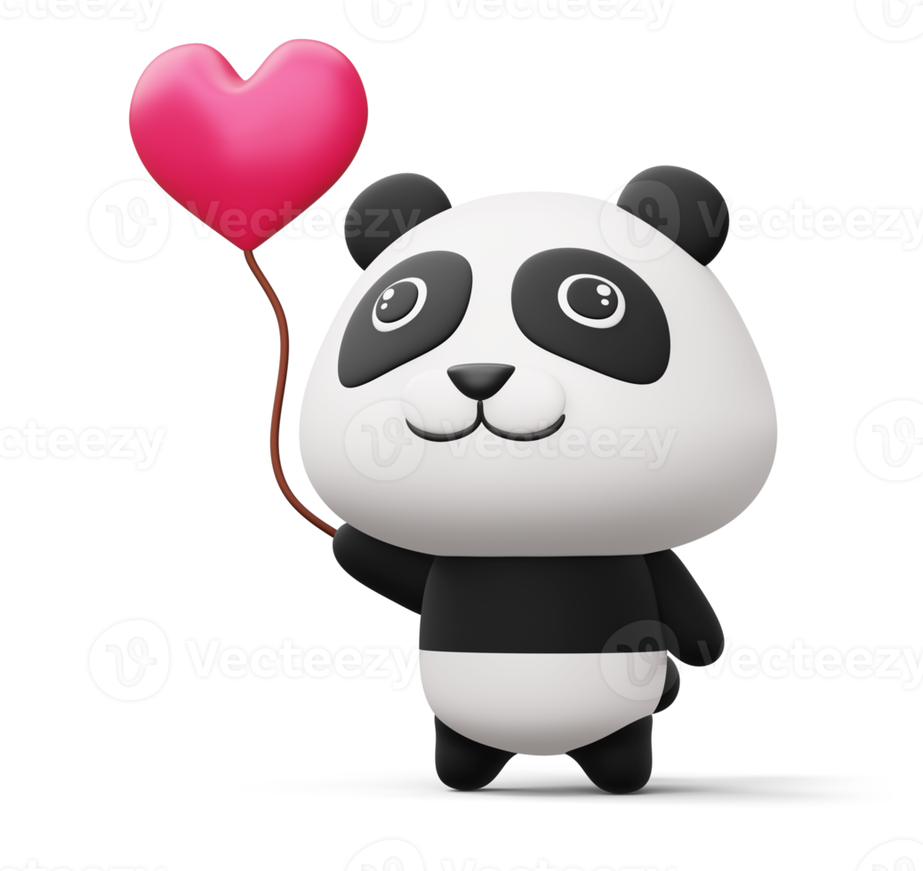 panda fofo com coração, animal fofo, renderização em 3d png