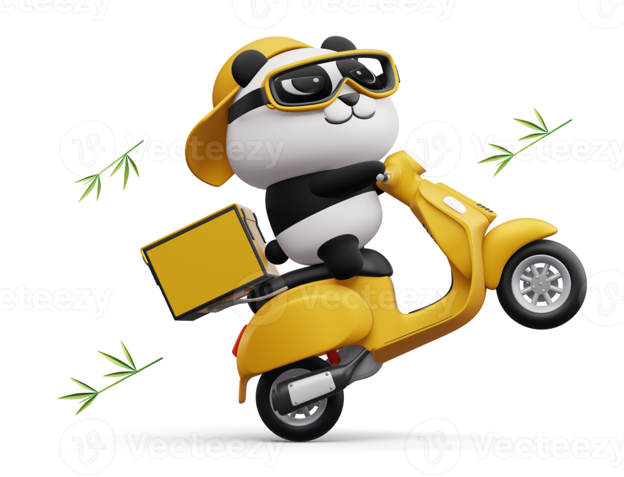 panda bonito andando de moto, entrega de panda, renderização em 3d png