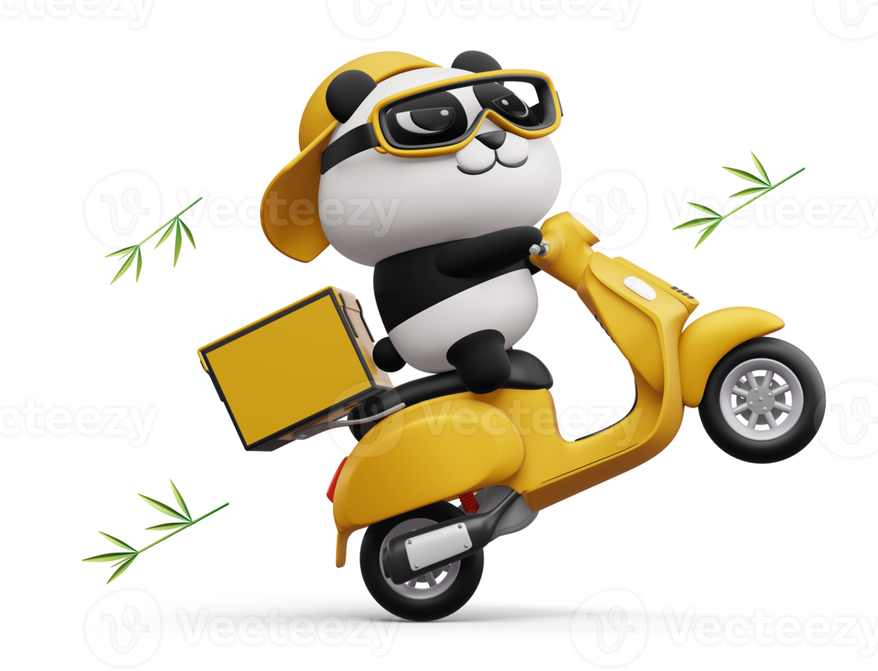 Cute Panda riding a motorcycle, panda delivery, 3d rendering png