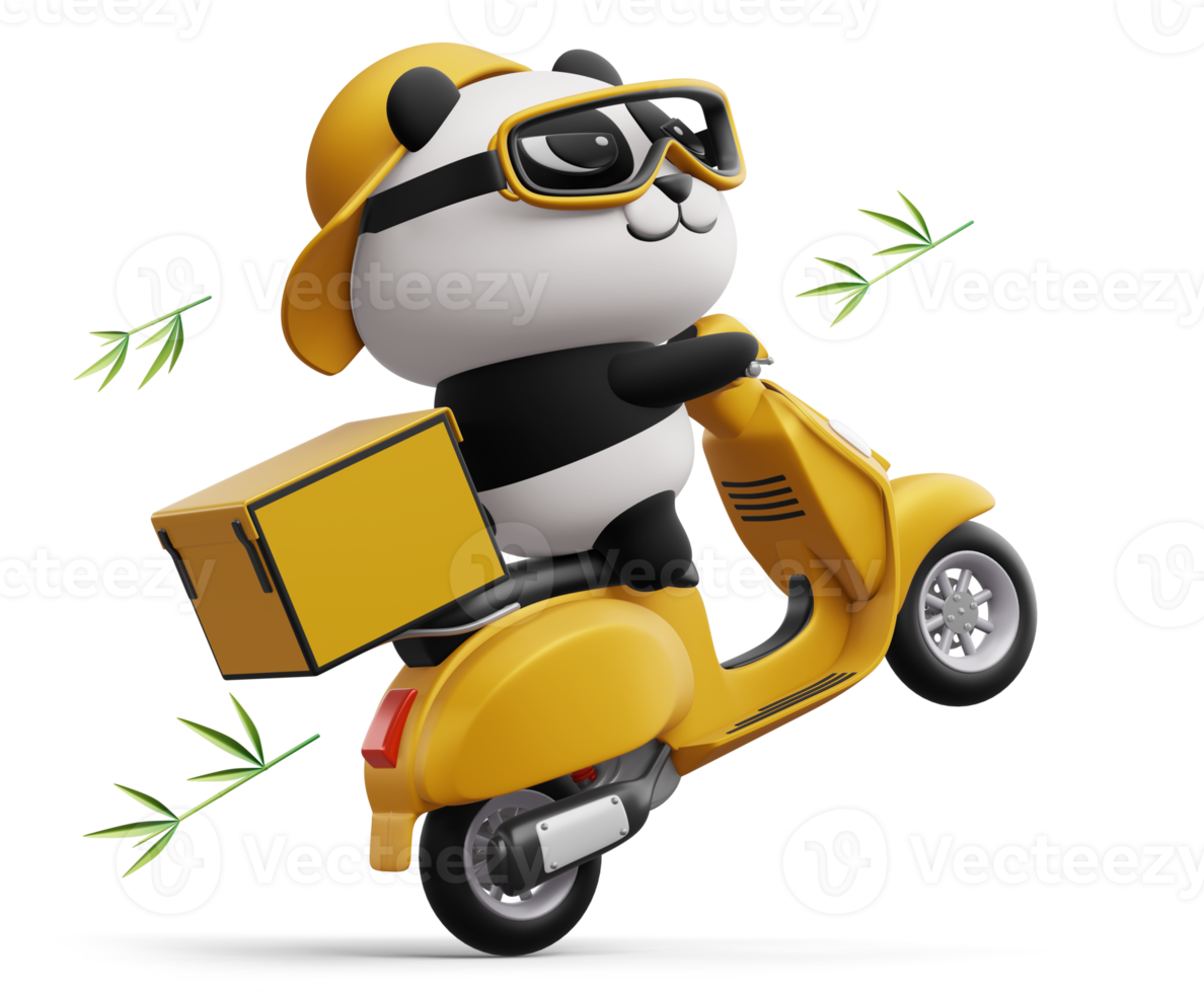 panda bonito andando de moto, entrega de panda, renderização em 3d png