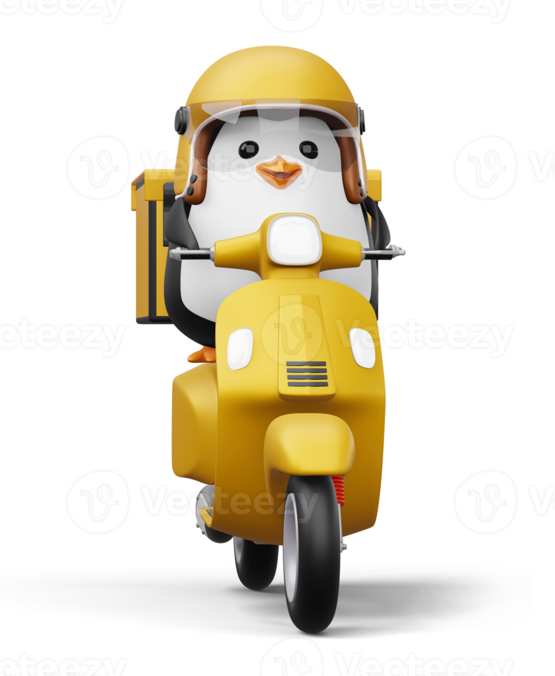 schattig pinguïn rijden scooter, pinguïn levering, 3d renderen png