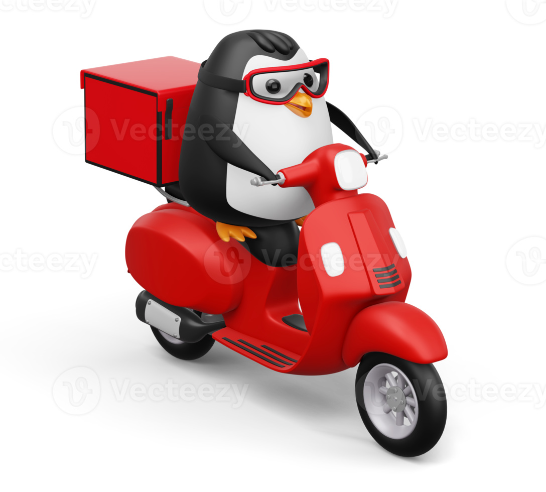 Cute penguin riding scooter, penguin delivery, 3d rendering png