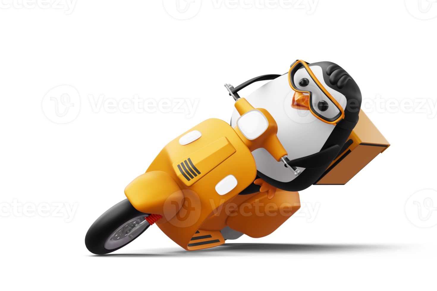 Cute penguin riding scooter, penguin delivery, 3d rendering png