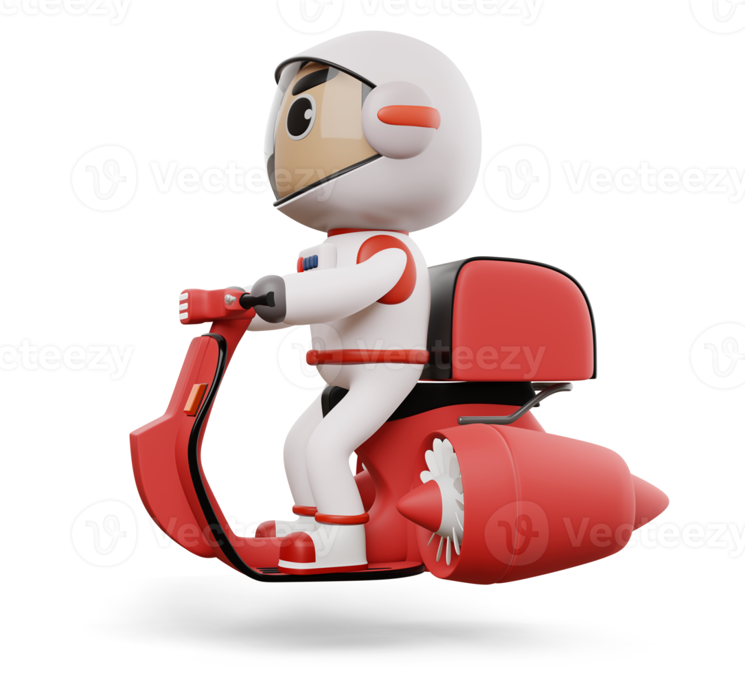 Delivery spaceman riding flying motorcycle with delivery box, 3d rendering png