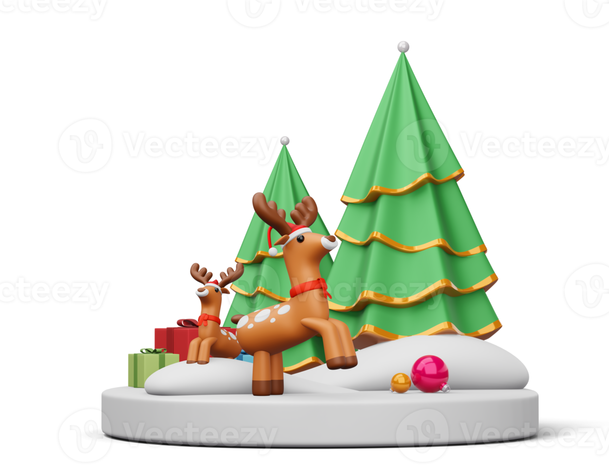 Merry christmas, Christmas tree with reindeer, 3d rendering png