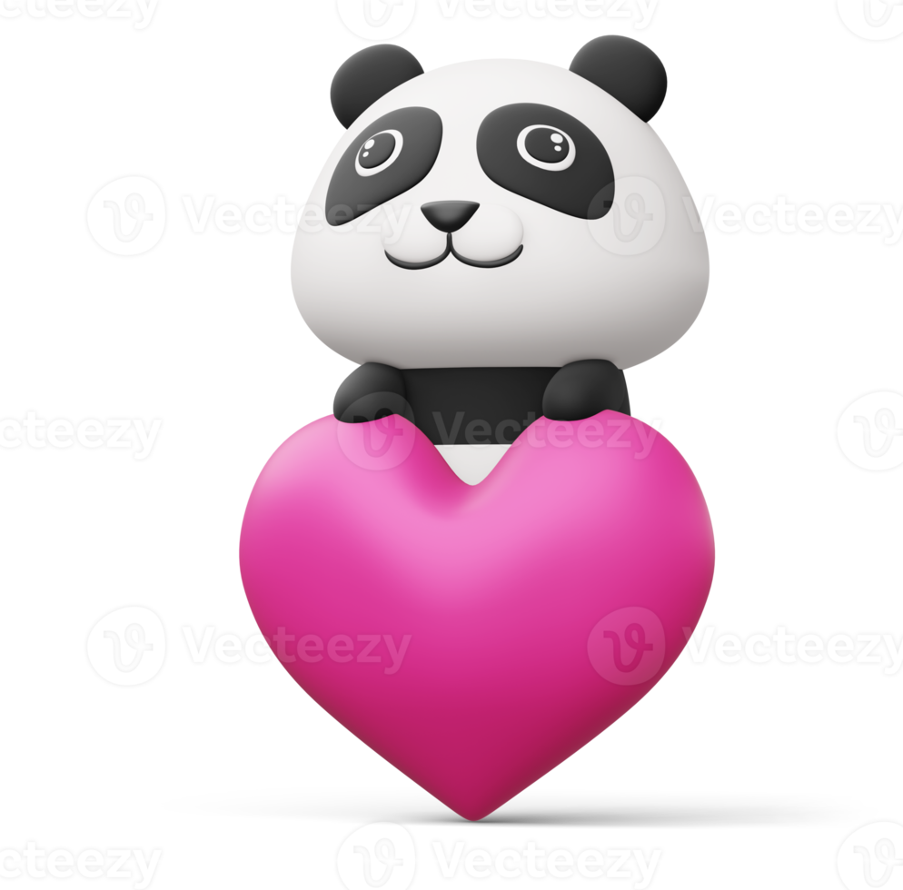 Cute panda with heart, cute animal, 3d rendering png