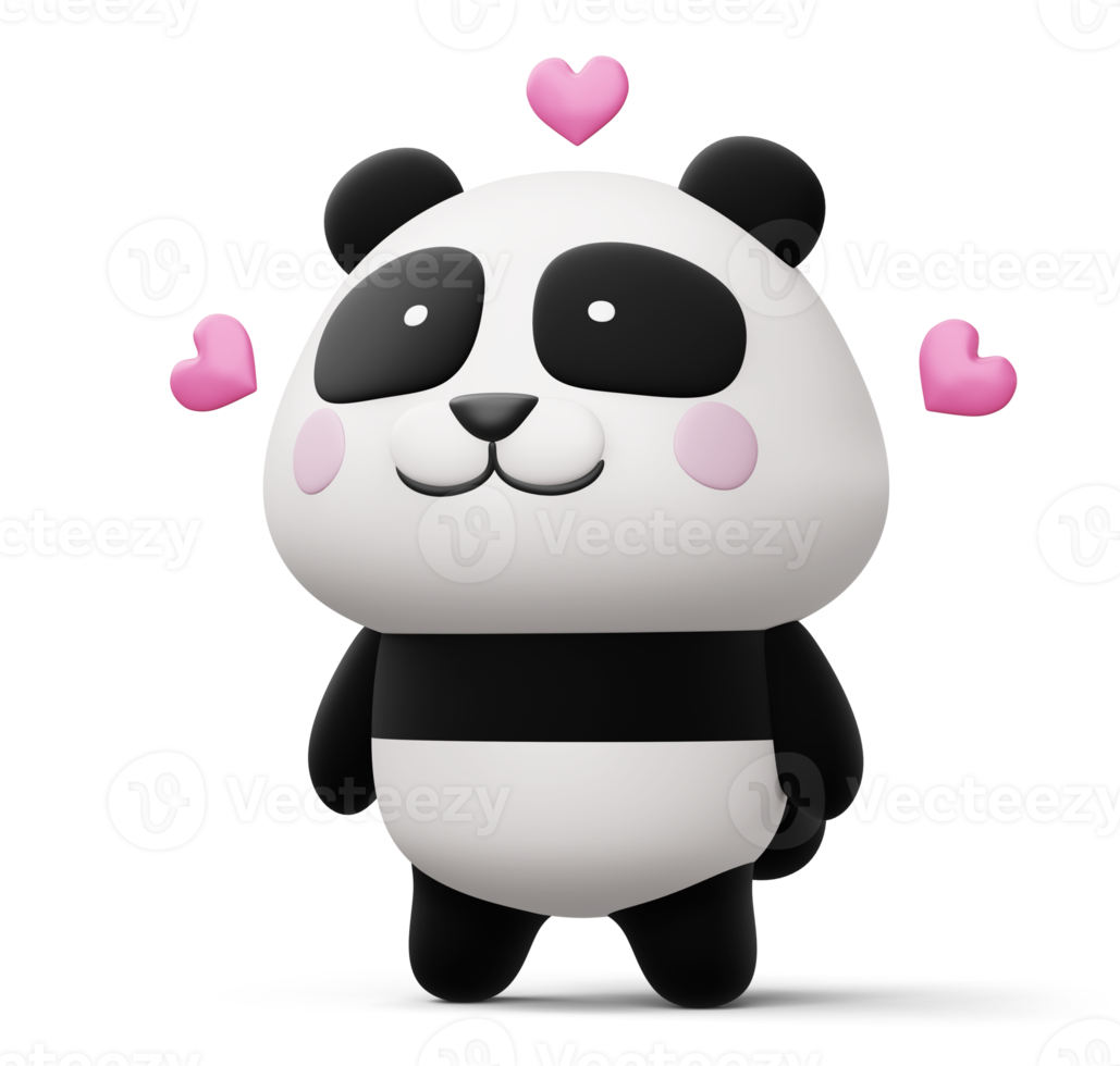 Cute panda with heart, cute animal, 3d rendering png