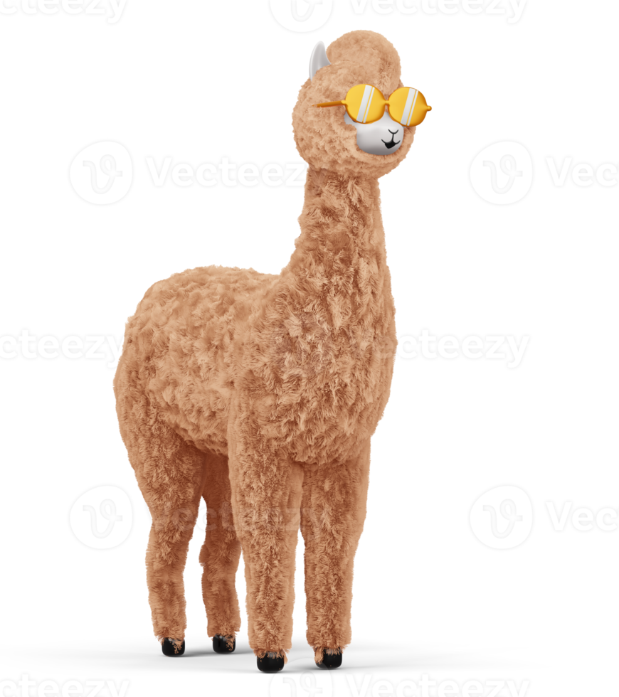 alpaca linda feliz, ilustración de representación 3d png