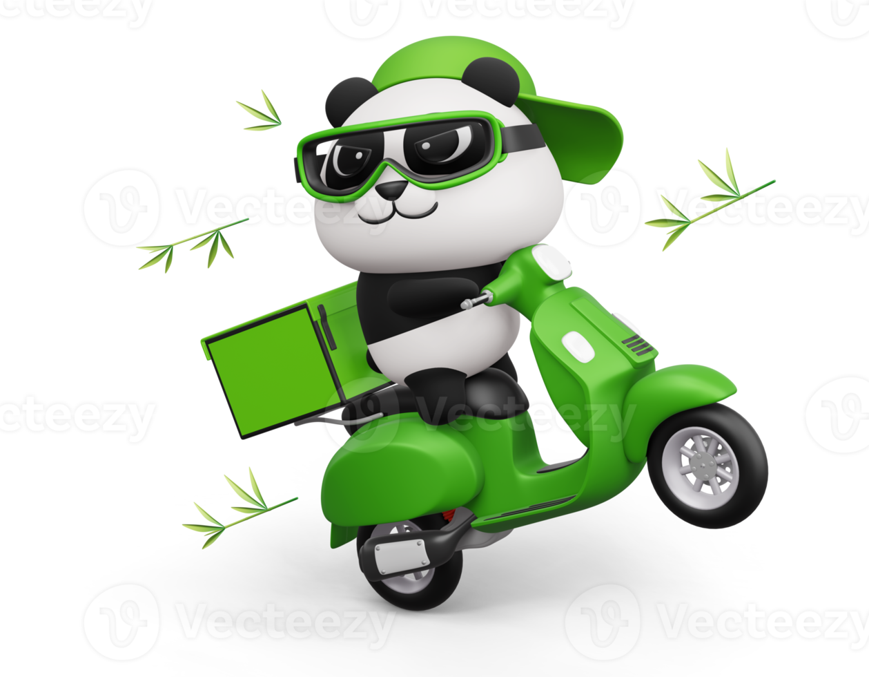 panda bonito andando de moto, entrega de panda, renderização em 3d png