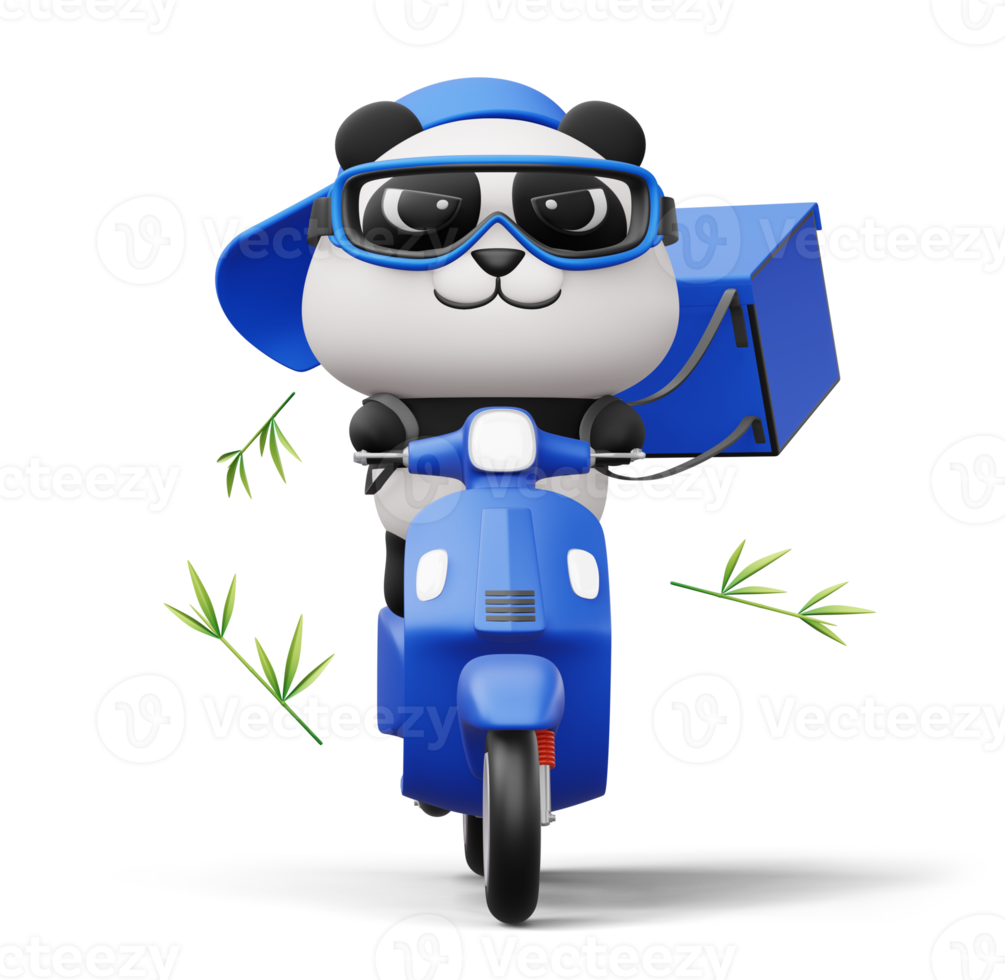 Cute Panda riding a motorcycle, panda delivery, 3d rendering png