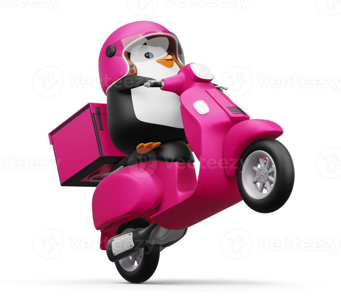 Cute penguin riding scooter, penguin delivery, 3d rendering png