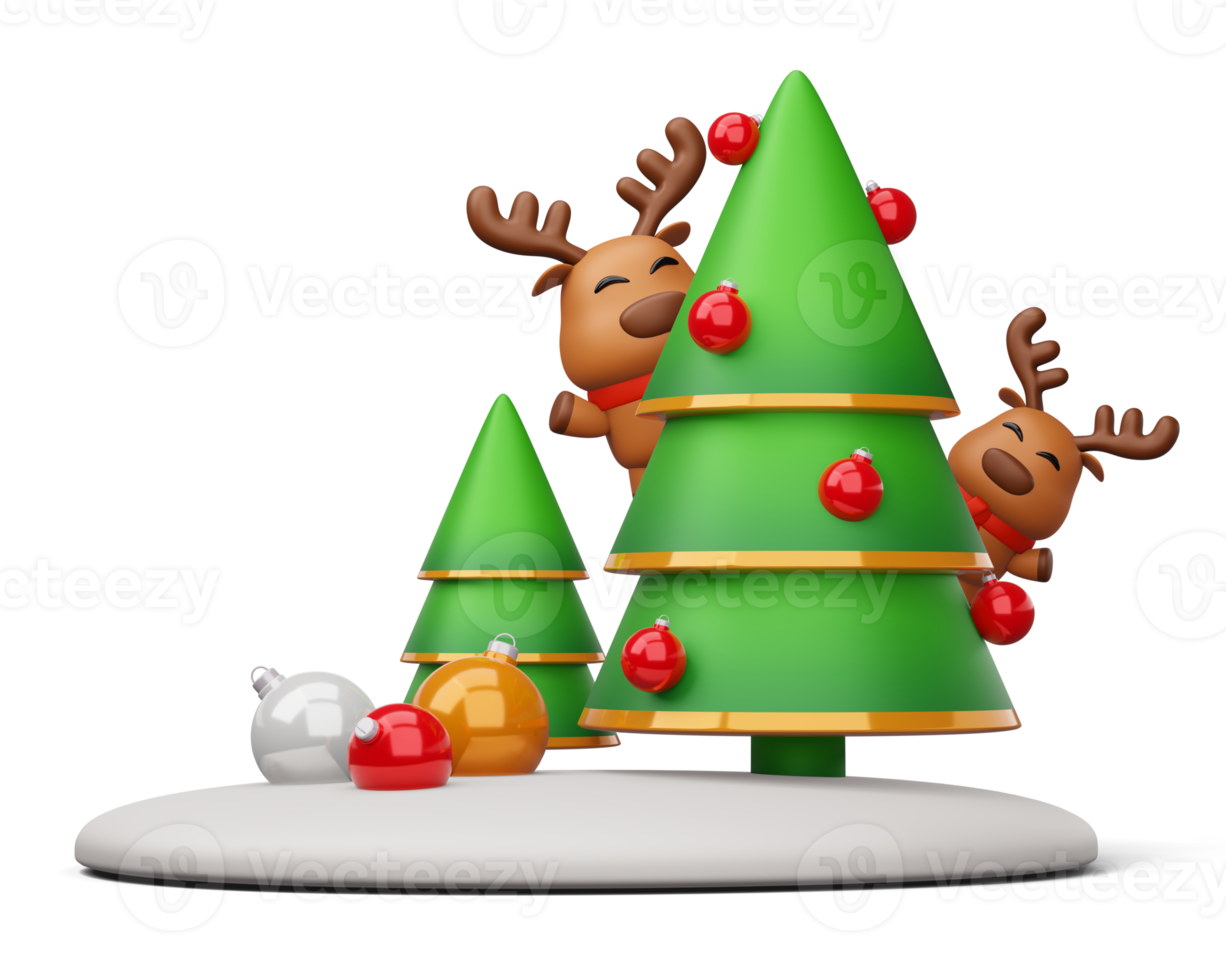 Merry christmas, Christmas tree with reindeer, 3d rendering png