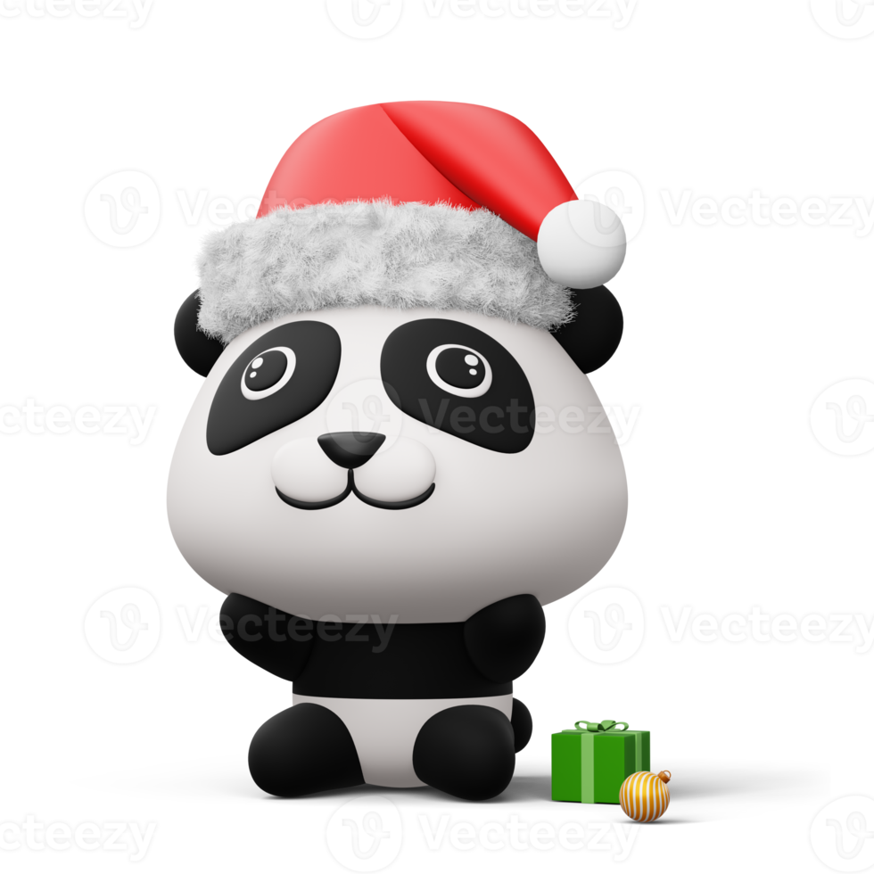 Cute panda with christmas hat, happy christmas, 3d rendering png