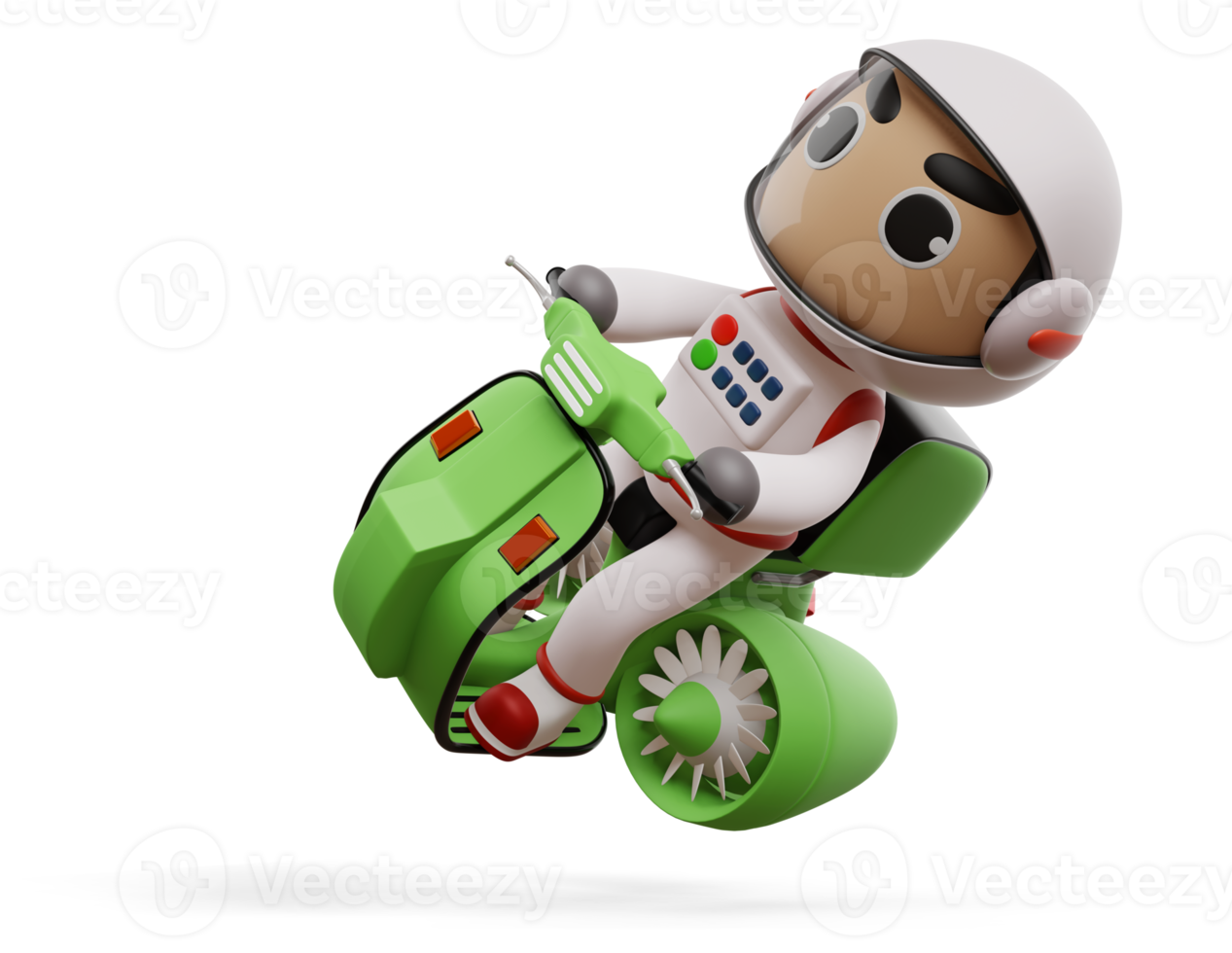 Delivery spaceman riding flying motorcycle with delivery box, 3d rendering png