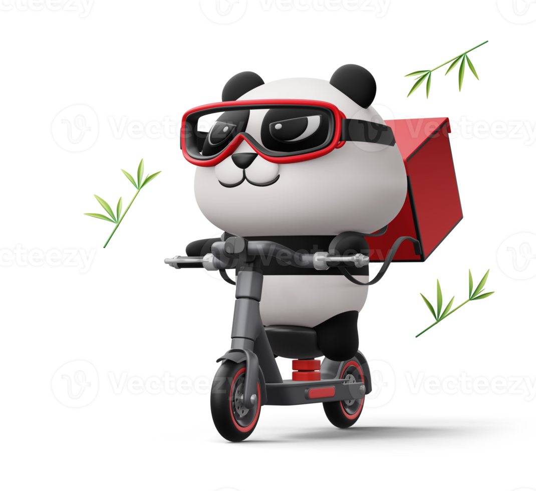 Cute Panda riding scooter, panda delivery, 3d rendering png