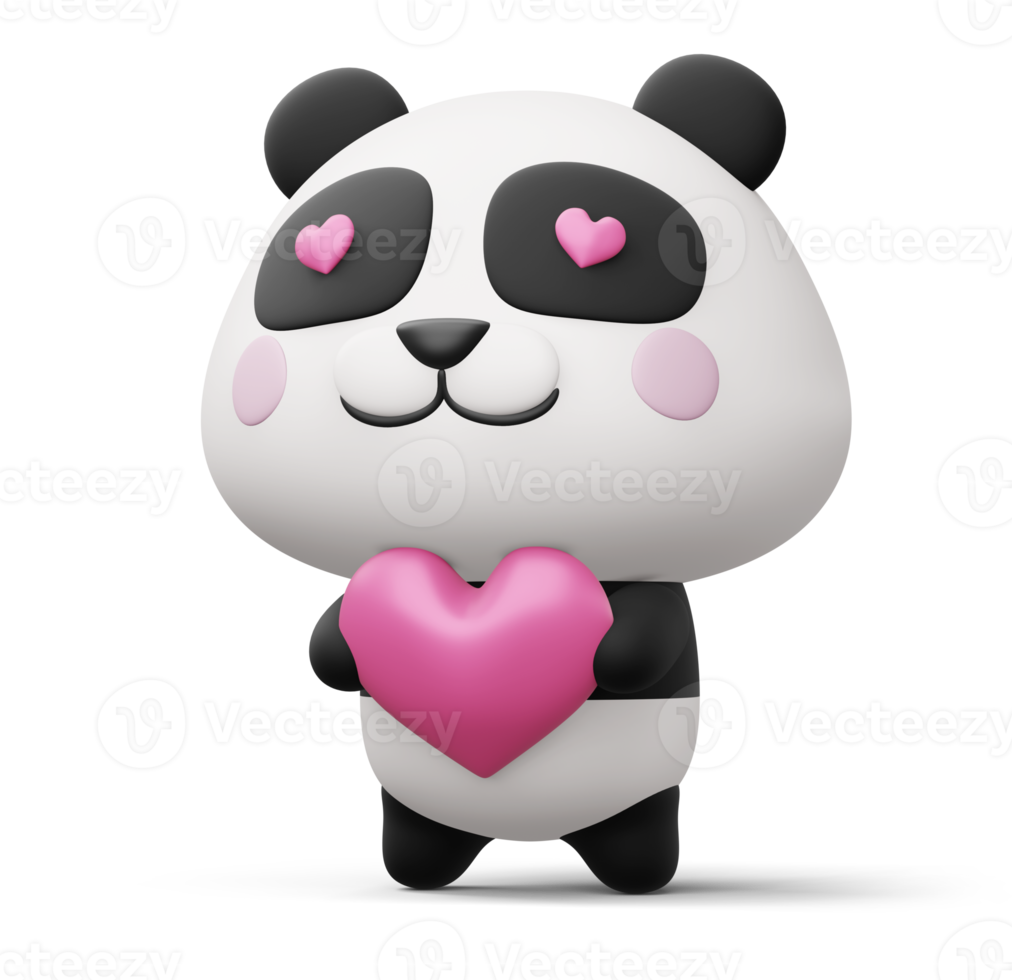 Cute panda with heart, cute animal, 3d rendering png