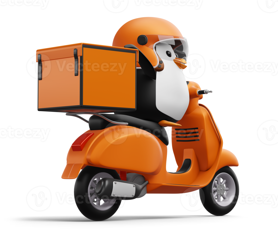 Cute penguin riding scooter, penguin delivery, 3d rendering png