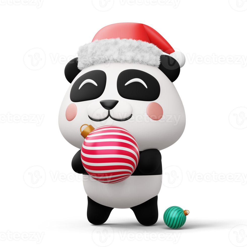 Cute panda with christmas hat, happy christmas, 3d rendering png