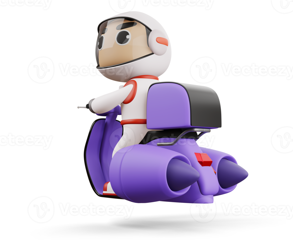 Delivery spaceman riding flying motorcycle with delivery box, 3d rendering png